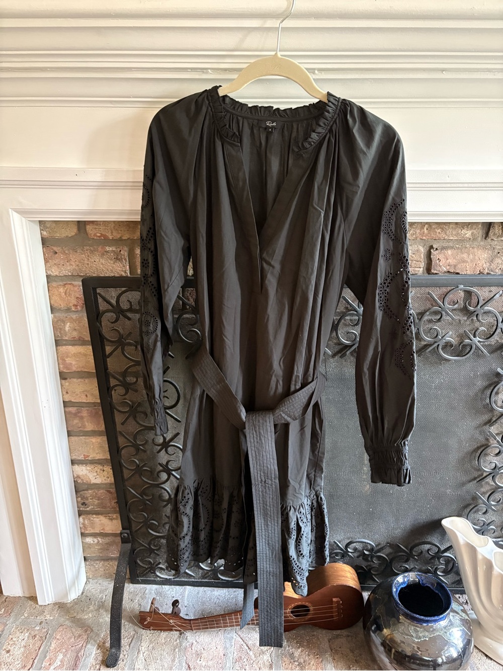 Rails, Black Long Sleeve Eyelet Trim Dress with Belt, Size Small
